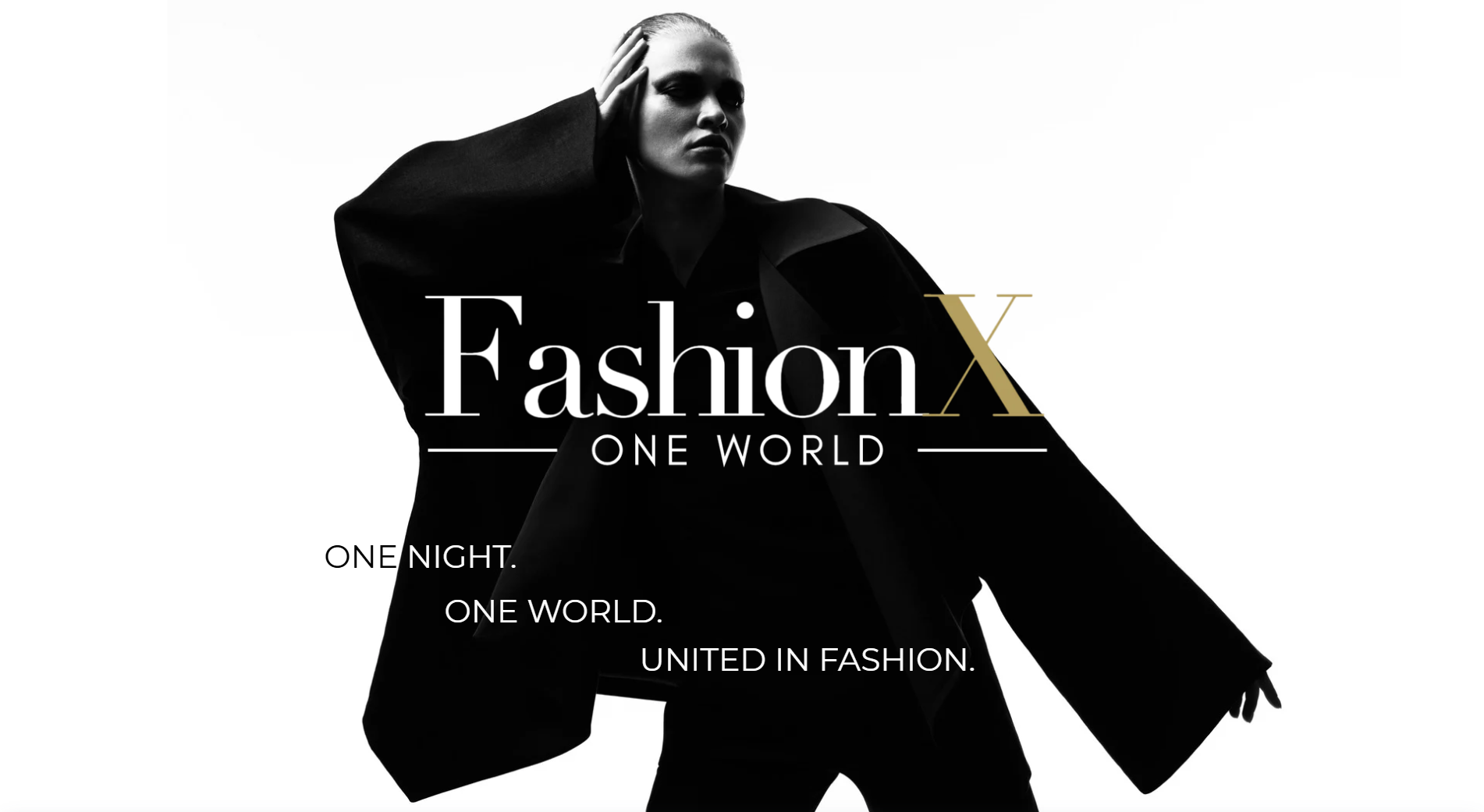 FashionX One World logo and editorial banner featuring a model in dark avant-garde attire.